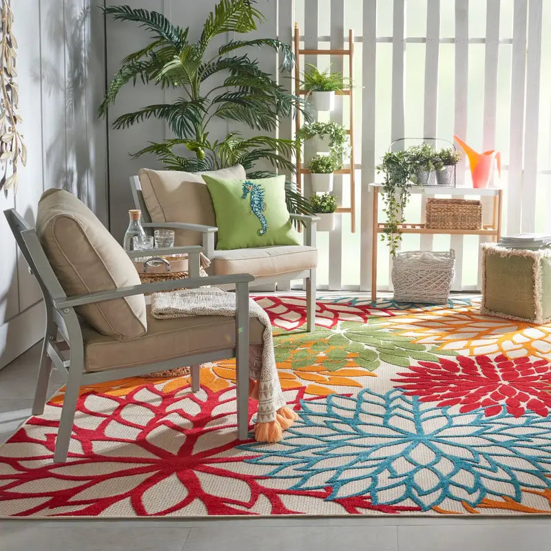 Floral Bloom Flatweave Indoor/Outdoor Area Rug – Durable Decorative Rug for Patio, Balcony & Living Room