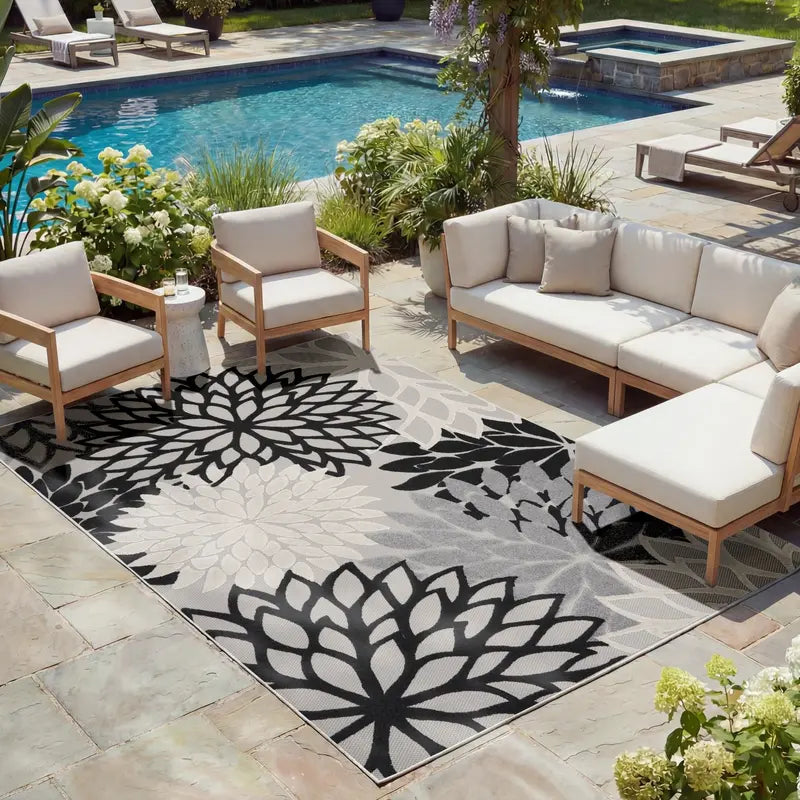 Floral Bloom Flatweave Indoor/Outdoor Area Rug – Durable Decorative Rug for Patio, Balcony & Living Room