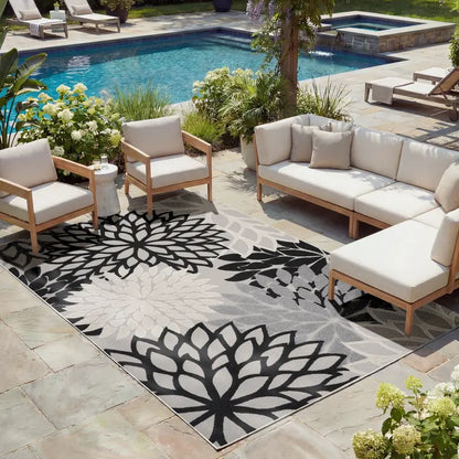 Floral Bloom Flatweave Indoor/Outdoor Area Rug – Durable Decorative Rug for Patio, Balcony & Living Room