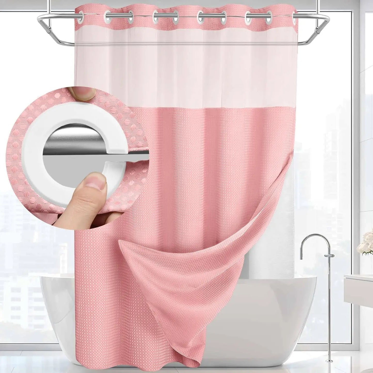 No Hook Shower Curtain with Snap-In Liner – Double Layer Waterproof Fabric Curtain, Washable Hotel Style Bath Curtain