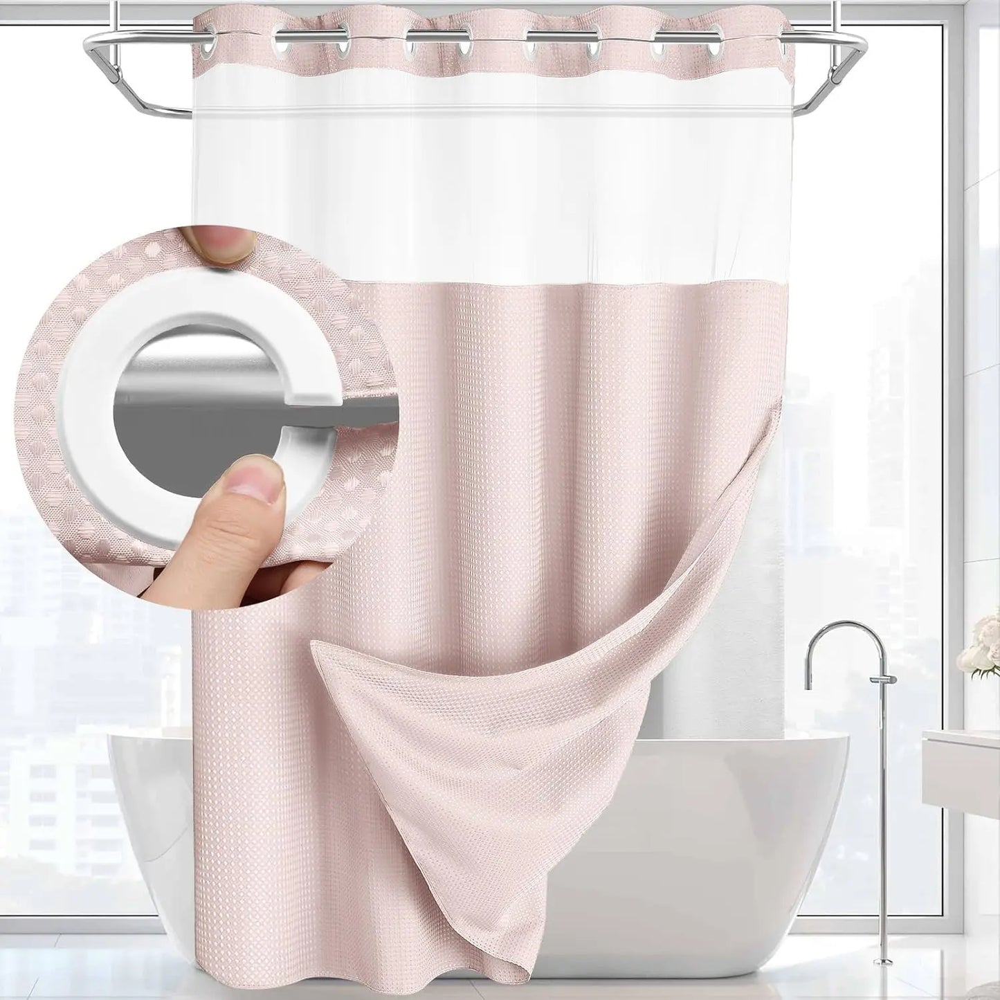 No Hook Shower Curtain with Snap-In Liner – Double Layer Waterproof Fabric Curtain, Washable Hotel Style Bath Curtain