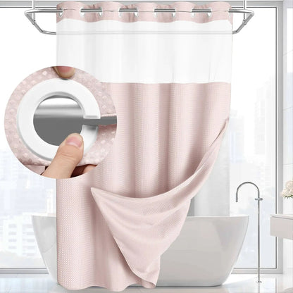 No Hook Shower Curtain with Snap-In Liner – Double Layer Waterproof Fabric Curtain, Washable Hotel Style Bath Curtain