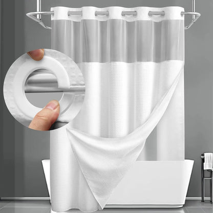 No Hook Shower Curtain with Snap-In Liner – Double Layer Waterproof Fabric Curtain, Washable Hotel Style Bath Curtain