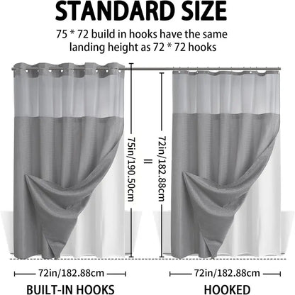 No Hook Shower Curtain with Snap-In Liner – Double Layer Waterproof Fabric Curtain, Washable Hotel Style Bath Curtain