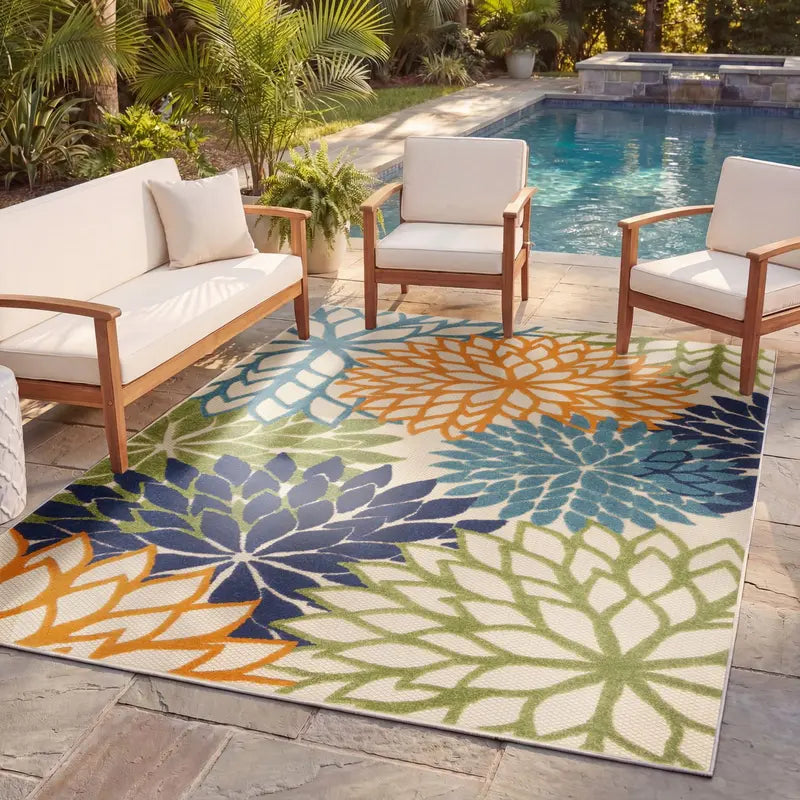 Floral Bloom Flatweave Indoor/Outdoor Area Rug – Durable Decorative Rug for Patio, Balcony & Living Room