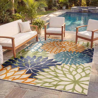 Floral Bloom Flatweave Indoor/Outdoor Area Rug – Durable Decorative Rug for Patio, Balcony & Living Room