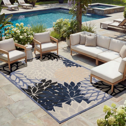 Floral Bloom Flatweave Indoor/Outdoor Area Rug – Durable Decorative Rug for Patio, Balcony & Living Room