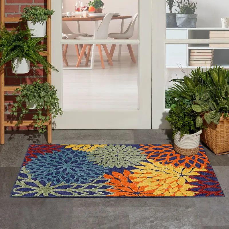 Floral Bloom Flatweave Indoor/Outdoor Area Rug – Durable Decorative Rug for Patio, Balcony & Living Room