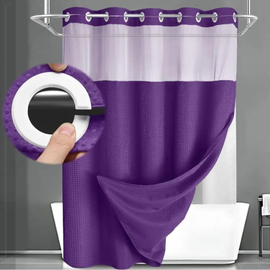 No Hook Shower Curtain with Snap-In Liner – Double Layer Waterproof Fabric Curtain, Washable Hotel Style Bath Curtain